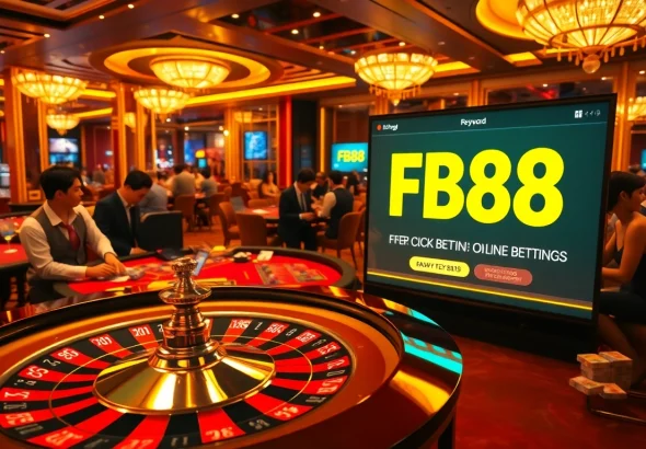 FB88 showcases a vibrant casino scene filled with players engaged in intense games of poker and roulette, highlighting the excitement of winning.