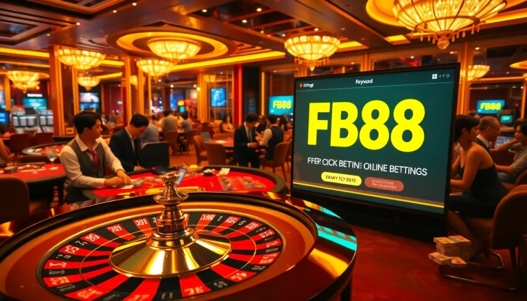 FB88 showcases a vibrant casino scene filled with players engaged in intense games of poker and roulette, highlighting the excitement of winning.