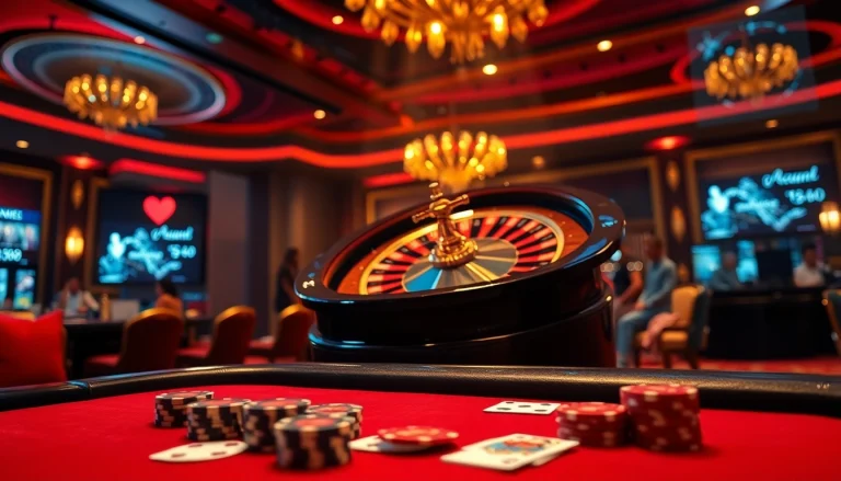 Experience the excitement of Supertkb88 at an elegant casino, featuring a vibrant roulette wheel and poker games.